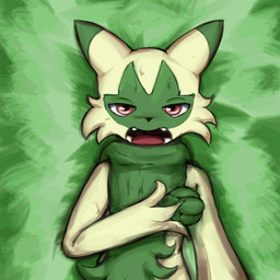3_fingers ambiguous_gender anthro blush breath covering covering_face embarrassed evolution_(transformation) exhausted fangs fingers flesh_fang fur gameplay_mechanics grass green_body green_fur high-angle_view level_up lying magic mask mask_off maskless open_mouth panting pawpads plant red_eyes smile solo teeth text_box transformation fremy nintendo pokemon felid feline floragato generation_9_pokemon mammal meowscarada pokemon_(species) 1:1 2d_animation animated frame_by_frame
