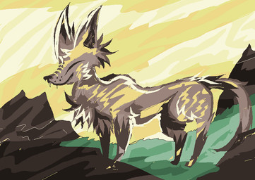 ambiguous_gender brown_tail eyes_closed feral outside rock sky smile solo tail yellow_sky naircat canid canine mammal 2017 digital_drawing_(artwork) digital_media_(artwork) microsoft_paint_(artwork)