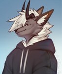 anthro clothing fur grey_body grey_fur hair hoodie horn male solo topwear white_hair solarflare02 xavier_(solarflare02) canid canine fox grey_fox mammal urocyon hi_res portrait