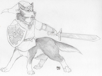 belt bottomless chest_tuft clothed clothing fluffy fluffy_tail fur grey_body grey_fur hat headgear headwear male melee_weapon multicolored_body multicolored_fur partially_clothed shield simple_background solo standing sword tail taurification taurified tuft two_tone_body two_tone_fur weapon white_background white_body white_fur gnomeliberator nintendo the_legend_of_zelda link_(wolf_form) canid canid_taur canine canine_taur canis mammal mammal_taur taur wolf wolf_taur 2010 graphite_(artwork) monochrome signature traditional_media_(artwork)