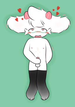 anthro balls black_clothing black_legwear black_stockings blush bodily_fluids clothing cum eyewear fur genital_fluids genitals glasses heart_symbol legs_together legwear male male/male nipples nude penis pink_eyes solo stockings wearing_glasses white_body white_fur young yuyuawa deltarune undertale_(series) ralsei bovid caprine goat mammal