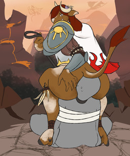 anthro armor bound collar dominant dominant_anthro duo face_in_ass facesitting female hair head_between_buttocks hooves horn leash leash_pull looking_at_viewer looking_back male red_hair sitting_on_another smile smothering submissive submissive_human manarat bovid bovine cattle human mammal hi_res