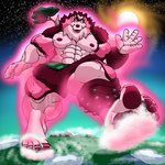 abs anthro armor barazoku barefoot biceps big_muscles clothing cloud earth feet fluffy footwear foreshortening fur gesture giga hair huge_muscles humanoid_feet hyper hyper_muscles larger_pet legband looking_at_viewer macro male muscular muscular_anthro muscular_male nails nipples pauldron pecs pink_body pink_fur pink_nose planet plant plantigrade rainbow sandals shoes simple_background size_difference sky smile soles solo space star starry_sky studded_legband studs sun terra_macro toenails toes tongue tree waving waving_at_viewer fujiyama_samoyed european_mythology mythology norse_mythology yanbara_(fujiyamasamoyed) alaskan_malamute canid canine canis deity domestic_dog mammal nordic_sled_dog spitz himbo 1:1 cel_shading digital_media_(artwork) shaded