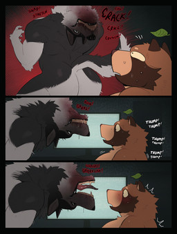 3_panel_comic anthro blood bodily_fluids brown_body brown_fur butt cheek_tuft facial_tuft fangs fur grin leaf leaf_on_head male muscle_tone muscular muscular_anthro muscular_male offscreen_penetration onomatopoeia open_mouth open_smile smile sound_effects sweat sweatdrop tan_body tan_fur teeth text tuft wide_eyed roseonapot creepypasta smile.dog toast_(roseonapot) canid canine canis domestic_dog husky mammal nordic_sled_dog raccoon_dog spitz tanuki english_text hi_res