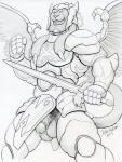 anthro armor balls beard biped facial_hair fighting_pose fist flaccid furry_balls genitals holding_melee_weapon holding_object holding_sword holding_weapon male melee_weapon open_mouth penis pose solo standing sword weapon wings dudebulge power_rangers goldar monster graphite_(artwork) hi_res pen_(artwork) portrait signature three-quarter_portrait traditional_media_(artwork)