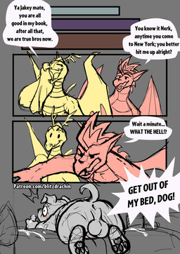 anthro anus balls bodily_fluids butt cum dialogue genital_fluids genitals male male/male pawpads penis rear_view text towel wings blitzdrachin conditional_dnp american_dragon:_jake_long disney mythology jake_long dragon mythological_creature mythological_scalie scalie 2025 comic english_text tagme