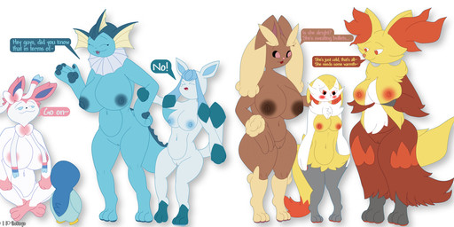 anthro big_breasts blush breast_size_difference breasts dialogue female frill_(anatomy) genitals group huge_breasts medium_breasts nipples nude pokemorph ribbons_(anatomy) shy tail thick_thighs vulva wide_hips sokoyo_owo nintendo pokemon braixen delphox eeveelution generation_1_pokemon generation_4_pokemon generation_6_pokemon glaceon lopunny pokemon_(species) sylveon vaporeon hi_res