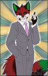 anthro black_ears black_pawpads black_sclera business_suit clothed clothing cosplay dipstick_tail fur gesture gloves_(marking) green_eyes green_inner_ear green_tail_tip grey_clothing grey_suit grin grinning_at_viewer hand_gesture hand_in_pocket leg_markings logo looking_at_viewer male markings necktie pawpads pockets purple_necktie raised_finger raised_index_finger red_body red_fur shirt smile smug socks_(marking) solo suit tail tail_markings topwear white_clothing white_shirt white_topwear sidnithefox mob_psycho_100 one_(manga) reigen_arataka victor_johansen 2023 artist_logo artist_name hi_res