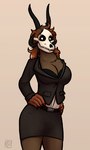 2017 anthro big_breasts black_sclera bone bovid_horn breasts canid canine caprine_horn cleavage clothed clothing curved_horn fan_character fangs female fur hands_on_hips hi_res highlights_(coloring) horn keadonger looking_at_viewer malo malo_0.9 mammal monster multicolored_body multicolored_fur pupils ram_horn red_highlights scp-1471 scp-1471-a scp_foundation simple_background skull skull_head solo teeth undead white_eyes white_pupils