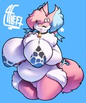 animal_print anthro big_breasts blue_background breasts cow_print female fur huge_breasts obese obese_female overweight overweight_female pink_body pink_fur simple_background solo thick_thighs alwaysfaceleft nintendo pokemon selma_(thelastsylvixen) braixen eeveelution generation_6_pokemon hybrid pokemon_(species) sylveon 5:6 absurd_res hi_res