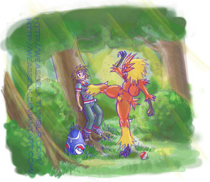 anthro backpack big_breasts breasts clothing detailed_background duo female flirting forest male nature nipples outside plant pokeball pokeball_clothing pokemorph seductive smile spread_legs spreading standard_pokeball tree weasselk nintendo pokemon avian bird blaziken generation_3_pokemon human mammal pokemon_(species) watermark