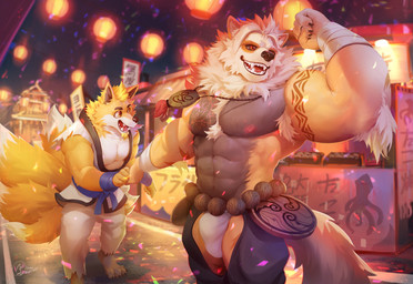 abs anthro arm_tattoo armpit_hair asian_clothing bandage barefoot biceps black_body black_countershading black_fur black_sclera blonde_hair body_hair bottomwear bulge chaps chest_tattoo chest_tuft claws clothing colorful_background confetti countershade_torso countershading crotchless_bottomwear crotchless_chaps crotchless_clothing crotchless_pants duo east_asian_clothing facial_hair feet festival fur goatee hair hand_holding japanese_clothing jewelry lamp lantern male mane multi_tail muscular muscular_anthro muscular_male necklace nipples orange_body orange_eyes orange_fur pants pink_nipples public red_eyes sign tail tan_hair tattoo text toe_claws torn_clothing tuft white_body white_countershading white_fur wraps wrist_wraps yellow_body yellow_fur hanukami nintendo pokemon laarx tsuyoshi_senpai arcanine canid canine fox generation_1_pokemon mammal pokemon_(species) hi_res japanese_text signature