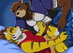 abs anthro bed biceps brown_body brown_fur bulge clothing duo eyebrows fur furniture male muscular muscular_male nipples pecs shirt tank_top thick_eyebrows topwear underwear bearlovestiger13 morenatsu juuichi_mikazuki torahiko_(morenatsu) bear felid mammal pantherine tiger