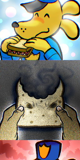 3_panel_comic angry anthro badge blue_clothing blue_shirt blue_topwear bread clenched_teeth clothing eating eating_food eyes_closed feral first_person_view food happy hat headgear headwear holding_food holding_object male multi_panel pattern_background police police_hat police_officer police_uniform red_background red_eyes rotting sharp_teeth shirt simple_background smile smoke solo tearing teeth topwear uniform exo_soul peludo dog_man_(series) dog_man_(character) canid canine canis demon domestic_dog mammal 1:3 absurd_res comic hi_res sequence
