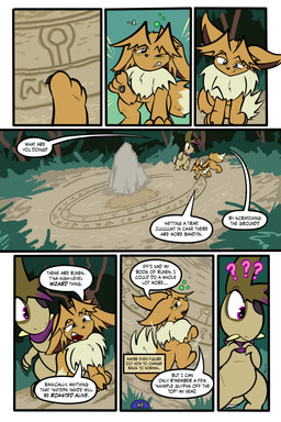 7_panel_comic ambiguous_gender bandage biped black_eyes black_text brown_body brown_fur brown_hair clenched_teeth dialogue duo ellipsis eye_patch eyebrows eyelashes eyewear feral fluffy fluffy_tail fur hair looking_at_another motion_lines mouth_closed neck_tuft one_eye_closed one_eye_obstructed open_mouth open_smile outside page_number pawpads paws plant pupils purple_eyes purple_scarf quadruped question_mark runes scarf smile speech_bubble standing tail talking_to_another teeth text text_box toony tree tuft tusks white_sclera virmir nintendo pokemon pokemon_mystery_dungeon spike_chunsoft virmir_(character) zinc_(zincxiron) axew eevee generation_1_pokemon generation_5_pokemon pokemon_(species) 2025 2:3 absurd_res comic english_text hi_res signature