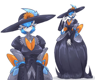 :< alternative_fashion big_breasts big_hat black_clothing black_dress blue_hair blush bow_ribbon breasts classy clothed clothing dress female flower flower_accessory front_view glistening_eyelids goth hair hat hat_feather headgear headwear juliet_sleeves lace lidded_eyes long_dress looking_at_viewer loose_feather orange_eyes plant short_hair simple_background solo standing sun_hat sunflower victorian_goth white_background white_body mokkoyu nintendo pokemon fan_character yuna_(mokkoyu) generation_6_pokemon humanoid mega_evolution mega_gardevoir pokemon_(species) shiny_pokemon 2026 absurd_res digital_media_(artwork) hi_res