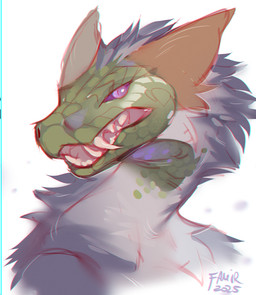 ambiguous_gender anthro brown_ears fangs fur green_body green_scales grey_body grey_fur open_mouth purple_eyes purple_sclera scales simple_background solo teeth white_background famir 2025 bust_portrait dated portrait signature