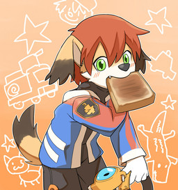 anthro blush bottomwear bread clothed clothing countershading food food_in_mouth gradient_background green_eyes looking_at_viewer male orange_background shirt shorts simple_background solo standing toast toast_in_mouth topwear young young_anthro young_male manmosu_marimo cyberconnect2 little_tail_bronx mamoru-kun_(series) mamoru-kun canid canine caninu canis domestic_dog mammal 2015 digital_media_(artwork)