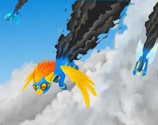 blue_body blue_feathers clothing detailed_background eyewear feathered_wings feathers female feral flying goggles group male skinsuit sky smoke thunder tight_clothing toony wings yellow_body yellow_feathers felixattchar friendship_is_magic hasbro my_little_pony mythology soarin_(mlp) spitfire_(mlp) wonderbolts_(mlp) equid equine mammal mythological_creature mythological_equine pegasus detailed source_request