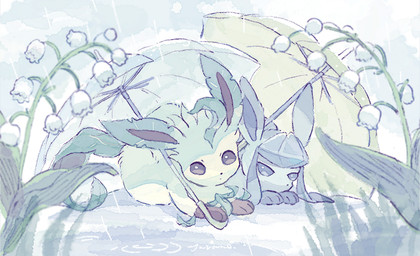ambiguous_gender blue_body blue_eyes brown_eyes duo feral flower fur grass looking_at_viewer lying on_front paws plant raining umbrella yellow_body yellow_fur yura_inaho nintendo pokemon eeveelution generation_4_pokemon glaceon leafeon pokemon_(species) 2022 signature