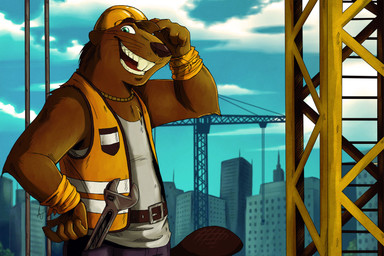 anthro armor brown_body brown_fur city clothing construction_worker crane_(machine) fur hard_hat headgear helmet looking_at_viewer male solo teal_eyes teeth tools whiskers worker wrench ango76 beaver mammal rodent absurd_res hi_res