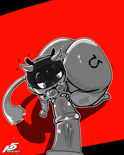 animal_genitalia animal_print anthro bent_over cow_print duo ear_piercing ear_tag fake_horns feral genitals handjob heart_symbol horseshoe_tattoo kiss_mark kissing making_out male male/male penile penis penis_kissing piercing sex shortstack shortstack_male simple_background slurping anonymous_artist atlus megami_tensei persona_(series) persona_5 sega morgana_(persona) domestic_cat equid equine felid feline felis horse mammal tuxedo_cat absurd_res hi_res