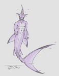 5_fingers anthro ear_fins empty_eyes fin fin_hair fingers hand_on_hip human_torso looking_at_viewer male multicolored_body muscular nude pseudo_hair purple_body smile solo split_form spooptober teeth text two_tone_body white_body konani drawtober blacktip_reef_shark carcharhinus fish marine merfolk reef_shark requiem_shark shark 2023 digital_media_(artwork) english_text hi_res