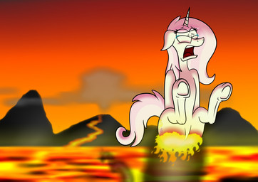 bodily_fluids burning butt butt_from_the_front butt_on_fire cutie_mark female feral fire hair hand_on_butt horn lava open_mouth pain pink_hair smoke solo tail tears volcano white_body hot_rolls friendship_is_magic hasbro my_little_pony mythology fleur_de_lis_(mlp) equid equine mammal mythological_creature mythological_equine unicorn digital_media_(artwork)