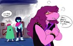 annoyed anthro blush clothed clothing crossed_arms female freckles fully_clothed group male secretly_loves_it simple_background smile speech_bubble text trio the-minuscule-task deltarune undertale_(series) kris_(deltarune) ralsei susie_(deltarune) bovid caprine goat human mammal reptile scalie