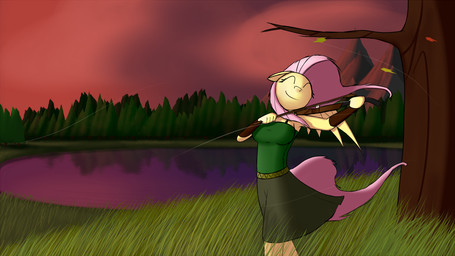 anthro anthrofied bow_(stringed_instrument) bowed_string_instrument clothing cloud evening eyes_closed feathered_wings feathers female grass happy holding_object lake leaf mountain musical_instrument outside plant playing_music playing_violin sky solo string_instrument tree violin water wind wings yellow_body yellow_feathers devs-iratvs friendship_is_magic hasbro my_little_pony mythology fluttershy_(mlp) equid equine mammal mythological_creature mythological_equine pegasus