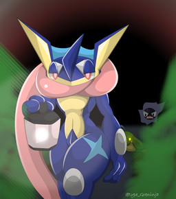 ambiguous_gender anthro group navel red_eyes type nintendo pokemon gastly generation_1_pokemon generation_2_pokemon generation_6_pokemon greninja pokemon_(species) politoed 2015 hi_res