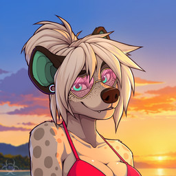 anthro bikini bikini_top black_nose clothing eyewear female freckled_face freckles fur glasses grey_body grey_fur grey_spots hair heart_glasses red_clothing red_swimwear solo spots sunset swimwear two-piece_swimsuit white_hair tashalisets tasha_lisets canid canine hyena mammal spotted_hyena 1:1