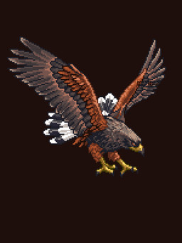 ambiguous_gender beak brown_body brown_feathers feathered_wings feathers feral flying simple_background solo wings mich-spich accipitrid accipitriform avian bird harris's_hawk digital_media_(artwork) hi_res pixel_(artwork)