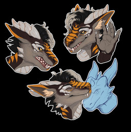 ambiguous_form black_background blue_body brown_body brown_fur cheek_spikes cuddling duo facial_spikes fangs fur grey_body grey_fur horn looking_at_viewer male markings open_mouth pupils ridged_horn side_view simple_background slit_pupils solo spikes spikes_(anatomy) teeth white_horn yellow_eyes yellow_markings khyaber mythology dragon furred_dragon furred_scalie mythological_creature mythological_scalie scalie hi_res