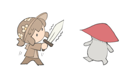 ambiguous_gender black_hair bottomwear chibi clothing dot_eyes duo female fungus hair hat headgear headwear hoodie looking_at_another melee_weapon not_furry pants ponytail scared shaking simple_background simple_eyes sword topwear trembling walking weapon white_background temmie_chang dark_souls fromsoftware temmie_chang_(character) elemental_creature fungi_fauna human mammal mushroom_parent