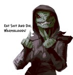 5_fingers anthro clothed clothing fangs female fingers gesture green_body hand_gesture hood language middle_finger nails profanity pupils red_eyes sharp_nails sharp_teeth simple_background slit_pupils solo teeth text white_background ognevka_fenella microsoft the_elder_scrolls meer-mah argonian scalie vampire english_text hi_res