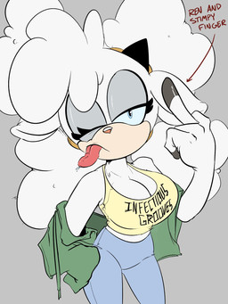 4_fingers anthro big_breasts big_hair blowing_raspberries blue_eyes blue_sclera bodily_fluids breasts cleavage clothed clothing eyelashes female fingers fluffy fluffy_hair fur gesture gloves hair hand_gesture handwear horn jacket looking_at_viewer making_faces middle_finger one_eye_closed solo taunting tongue tongue_out topwear white_body white_fur white_wool wool_(fur) wool_hair cleandrips idw_publishing sega sonic_the_hedgehog_(comics) sonic_the_hedgehog_(idw) sonic_the_hedgehog_(series) lanolin_the_sheep_(sonic) bovid caprine mammal sheep 3:4 hi_res
