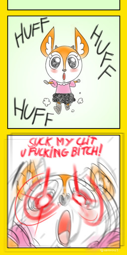 anthro blush bottomwear clothed clothing dialogue female fur horn looking_at_viewer profanity shirt simple_background solo text topwear oddjuice aggretsuko sanrio tsunoda_(aggretsuko) antelope bovid gazelle mammal thomson's_gazelle true_antelope 2019 absurd_res comic digital_media_(artwork) english_text hi_res long_image tall_image