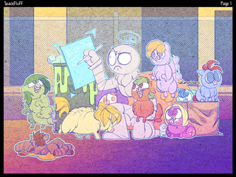 4_arms ambiguous_feral ambiguous_gender ambiguous_humanoid blonde_hair blood blue_body blue_eyes blue_fur bodily_fluids clothed clothed_humanoid clothing corpse death drooling featureless_crotch feral flapping_wings flying fur gore green_body green_eyes green_fur green_hair group hair holding_another holding_object holding_pen multi_arm multi_limb navel neonate noise_filter open_mouth pen pink_body purple_body radioactive_waste red_body red_hair red_tail saliva severed_body_part severed_limb tail teeth text trash_can yellow_body yellow_fur yellow_tail young young_ambiguous young_feral spacefluff fluffy_pony fluffy_pony_(species) humanoid mammal 2022 4:3 artist_name comic constructed_language cover cover_art cover_page digital_media_(artwork) fictional_language hi_res