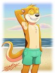 anthro arm_by_side beach bent_arm bottomwear clothing hand_behind_head legs_together male raised_arm sea seaside shorts solo standing star star_font star_in_signature star_polygon straight_arm straight_legs swimming_trunks swimwear tail water wavy_tail sagadreams mammal mustelid otter signature