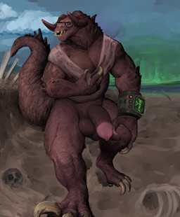 anthro armband balls bodily_fluids bone bottomless bottomless_male clothed clothing eyewear genital_fluids genitals glans glasses horn humanoid_genitalia humanoid_penis male musclegut muscular outside penis precum skull solo thick_penis azathura fallout microsoft deathclaw scalie hi_res