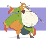 anthro balls belly belly_slap big_balls big_belly big_butt bulge butt clothing covered_eyes footwear fur genitals hair holding_melee_weapon holding_object holding_sword holding_weapon long_ears male melee_weapon navel obese obese_anthro obese_male overweight overweight_anthro overweight_male robe sandals shoes slap slapping_own_belly slapping_self solo stick_in_mouth sword thick_thighs weapon wide_hips reagan700 breath_of_fire capcom scias canid canine canis domestic_dog mammal 2024 artist_collaboration hi_res