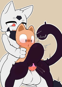 abdominal_bulge anthro anthro_on_anthro anthro_penetrated anthro_penetrating anthro_penetrating_anthro arm_tuft armless balls big_balls big_pupils black_body black_markings black_scarf black_tail bodily_fluids clitoral_hood clitoris clothing dilated_pupils dipstick_tail drooling duo elbow_tuft emanata facial_markings facial_tuft female female_penetrated genital_fluids genitals head_markings heart_eyes heart_pupils heart_symbol looking_pleasured male male/female male_penetrating male_penetrating_female markings open_mouth orange_body outline pattern_clothing pattern_scarf penetration pupils red_eyes saliva scarf sex shoulder_tuft simple_background standing standing_sex stitch_(sewing) striped_clothing striped_scarf stripes tail tail_markings tan_background tuft vaginal_fluids white_scarf defunctumbra umbra_(defunctumbra) felid feline mammal 2023 hi_res