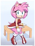 absurd_res accessory amy_rose anthro big_breasts black_nose blue_eyes boots border bottomwear bracelet breasts clothing dress eulipotyphlan eyelashes female footwear fur furgonomics gloves hair_accessory hairband handwear hedgehog hi_res jewelry looking_at_viewer mammal pink_body pink_fur sega simmsyboy simple_background sitting skirt solo sonic_the_hedgehog_(series) tail_through_skirt white_border