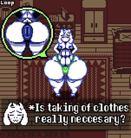 abs anthro anus anus_outline bedroom big_butt blush blush_lines bouncing bouncing_bulge bouncing_butt bulge butt clothing dialogue_box eyes_closed femboy front_view hands_behind_back huge_butt huge_hips huge_thighs hyper hyper_butt hyper_hips male mostly_nude nipples nude puffy_anus rear_view small_bulge solo standing thick_thighs thong underwear wide_hips joestarjorik undertale undertale_(series) asriel_dreemurr bovid caprine goat mammal animated digital_media_(artwork) low_res pixel_(artwork) pixel_animation portrait