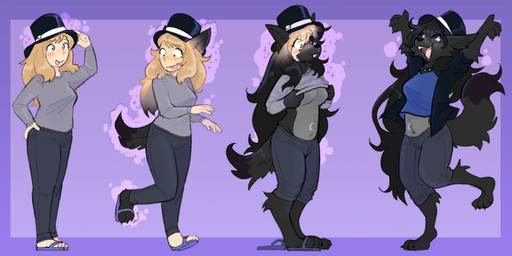 anthro black_sclera blonde_hair blue_clothing blue_shirt blue_topwear blush bottomwear breasts brown_body brown_fur clothing featureless_breasts female footwear fur grey_clothing grey_shirt grey_topwear growth hair hat headgear headwear human_to_anthro navel pants sandals shirt shoes smile solo species_transformation standing tail tail_growth topwear transformation pawberry canid canine canis human mammal wolf 2023 hi_res sequence