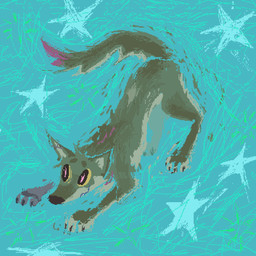 abstract_background ambiguous_gender blue_background feral fur green_body green_fur prosthetic prosthetic_leg prosthetic_limb simple_background smile solo star tan_body tan_fur yellow_sclera demensa canid canine canis coyote mammal 1:1 2023 full-length_portrait portrait