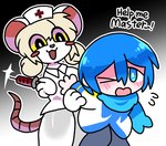 anthro black_eyes blonde_hair blue_eyes blue_hair blush bodily_fluids breasts clothing female fur hair hat headgear headwear nurse nurse_clothing nurse_headwear smile syringe tail white_body white_fur yellow_eyes riagaras terrible_mouse lorna_(terrible_mouse) human mammal mouse murid murine rat rodent hi_res