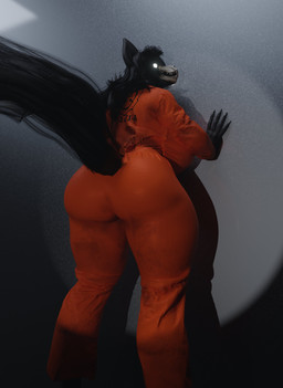 against_surface against_wall anthro big_breasts big_butt black_body black_fur black_hair bone breasts butt female fur glowing glowing_eyes hair huge_breasts huge_butt looking_back orange_jumpsuit prison_uniform skull skull_head solo standing tail white_eyes teknotyk scrag_(modeler) scp_foundation scp-1471-a canid canine malo mammal 3d_(artwork) absurd_res digital_media_(artwork) hi_res