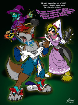 anthro curse female group holidays human_to_anthro magic magic_user male species_transformation spell tail text transformation witch catmonkshiro halloween mythology canid canine canis domestic_dog mammal mythological_canine mythological_creature werecanid werecanine werecreature werewolf wolf 2011 3:4 english_text